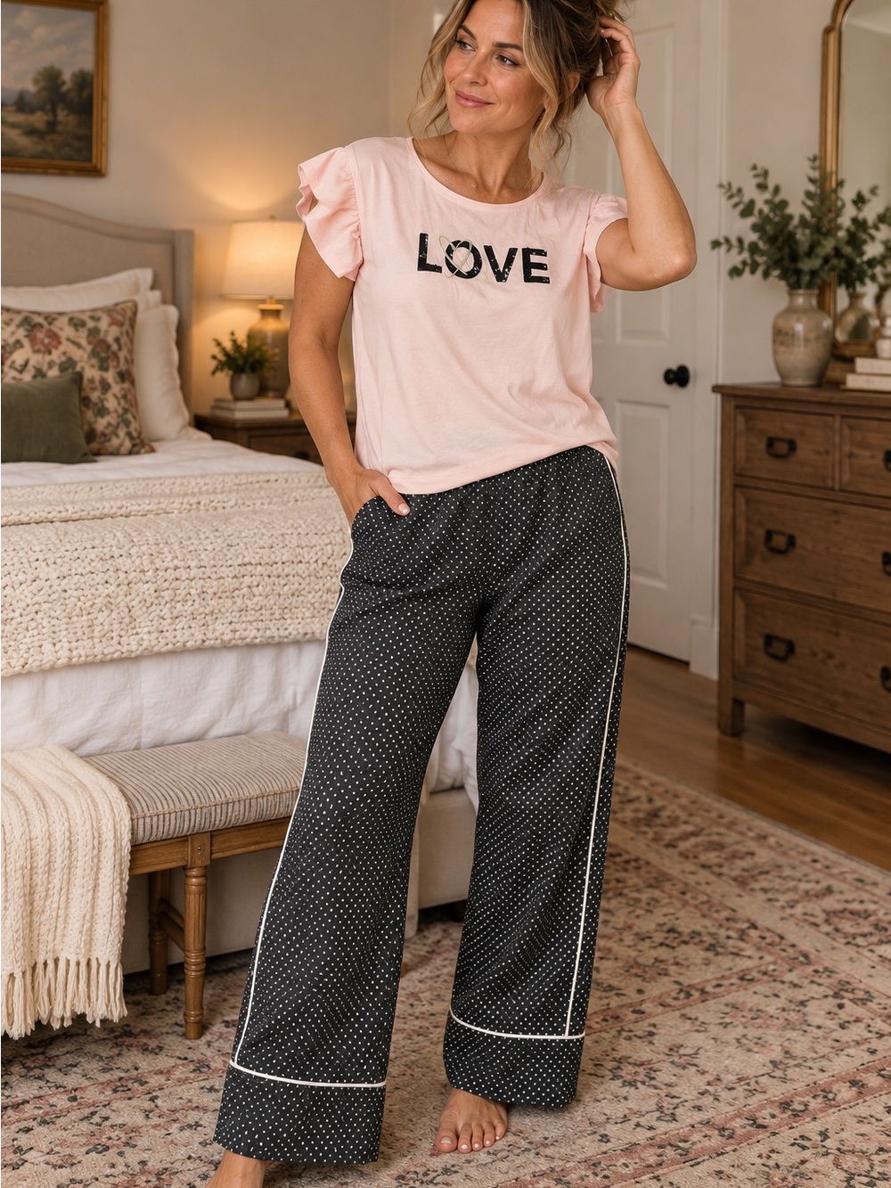 Victoria's Secret Pink Ruffle-Sleeve LOVE w/ Black Polka-Dot Pajama Pants 1142CL